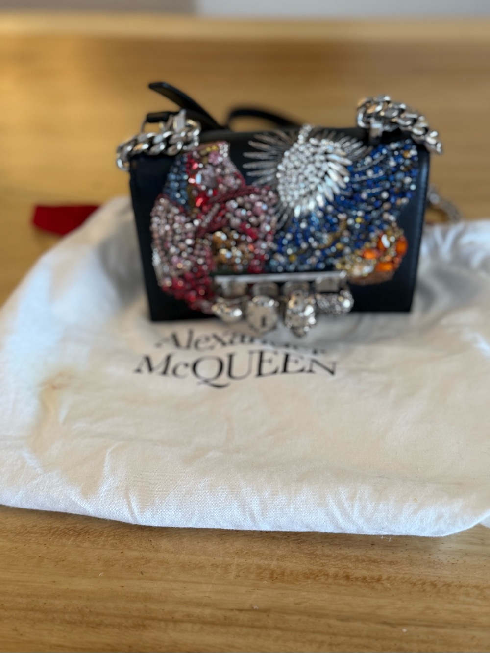 Alexander McQueen Black Leather Shoulder Bag with Multicolor Crystal Motif